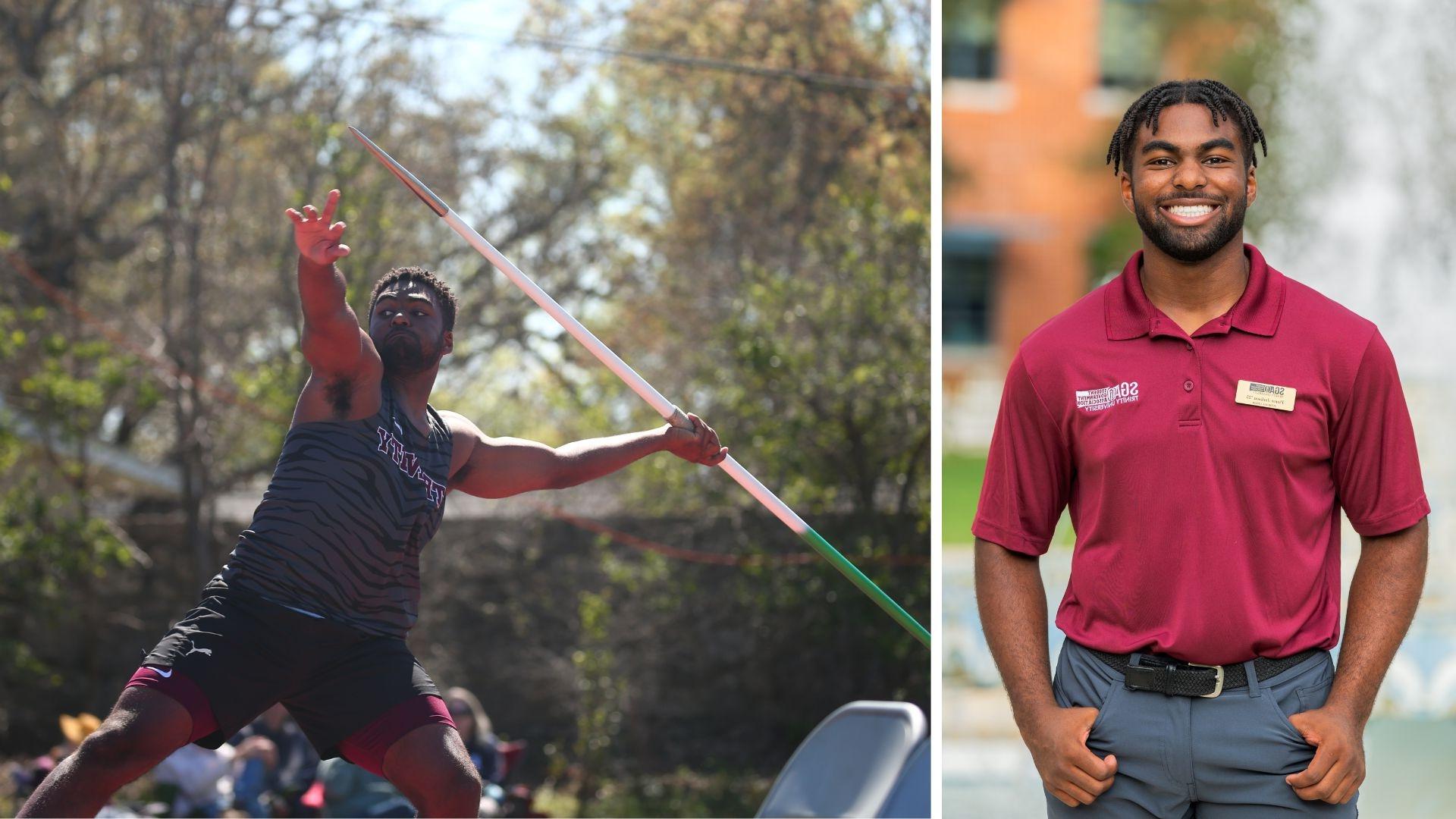 a collage of Pierce Jackson '25 wearing his SGA shirt in front of Miller Fountain (left) 和 Pierce throwing a javelin wearing his track 和 field jersey (right).