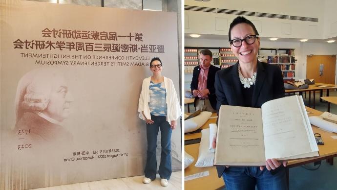 Maria Pia Panagelli博士.D., 2023年6月，格拉斯哥大学持有亚当·斯密的第一版《赌博平台网站大全》(左), 她去了杭州, 中国, 2023年8月亚当·斯密三百周年研讨会(右).