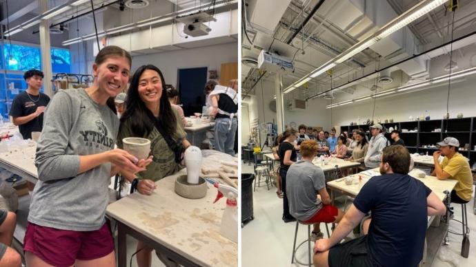 a collage of students listening to instructions in a pottery studio (left) 和 students showing off their pottery creations (right)